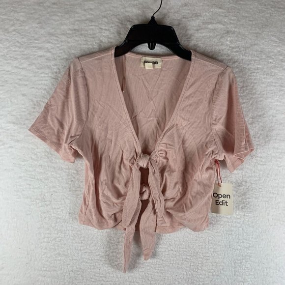 Open Edit Crop Top Women's XS Pink Knot Front Stretch‎ V-Neck Short Sleeve 6394 - Picture 1 of 7